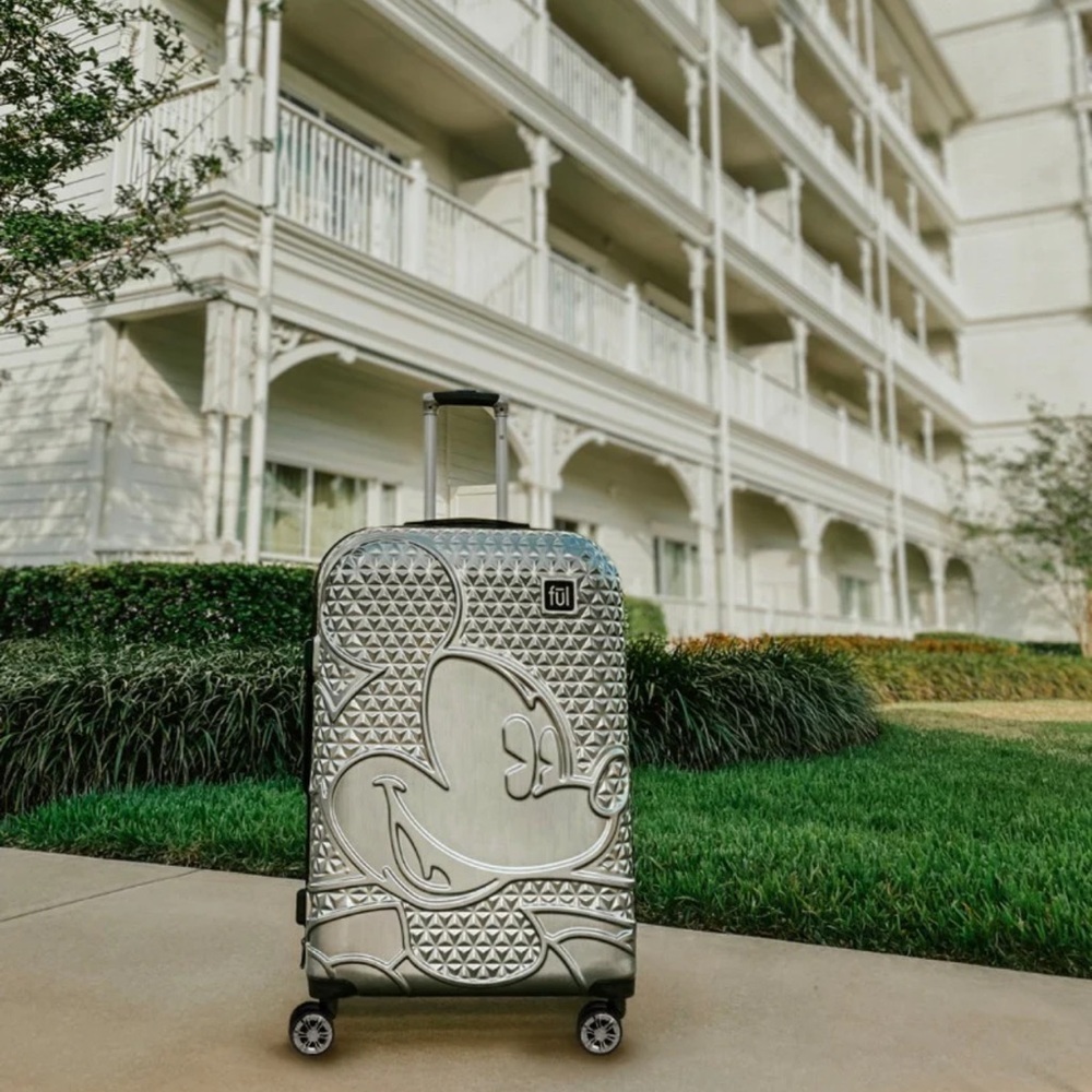 NWT RARE Ful Disney Mickey Mouse Suitcase Silver Hard Rolling Luggage 25 inches